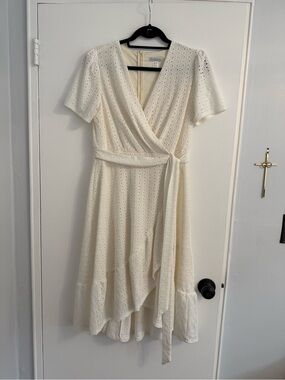 London Times Cream Eyelet High-Low Wrap Dress